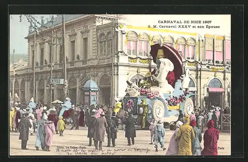 AK Nice, Carneval 1907, S. M. Carnaval XXXV et son Épouse, Umzugswagen zu Fasching