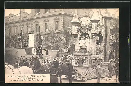 AK Paris, Cavalcade de la Mi-Carème 1909, Char de la Belgique, Le Manneken-Pis, Fasching
