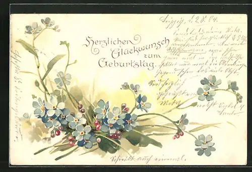 Lithographie Geburtstagsgruss mit blauen Blumen