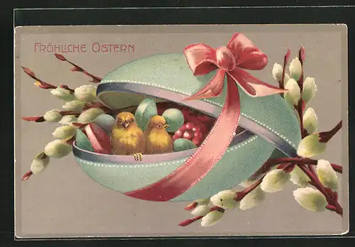 Präge-AK Osterküken in Ei mit Weidenkätzchen
