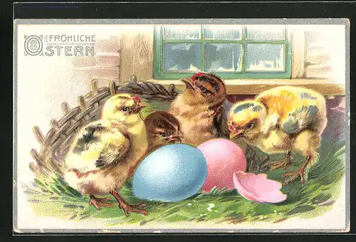 Präge-AK Osterküken im Osternest