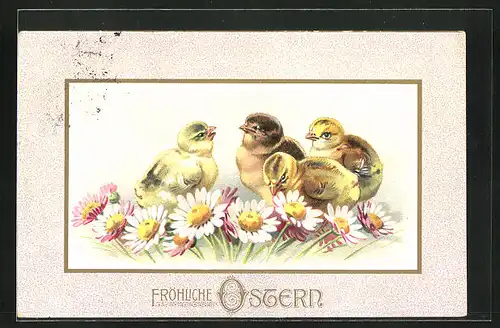 Präge-AK Osterküken auf Blumenwiese
