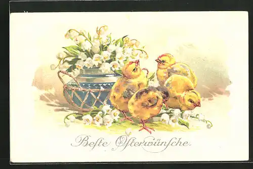 AK Osterküken mit Maiglöckchen