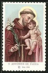 Heiligenbild St. Antonius de Padua mit Kind im Arm, Rückseite mit Gebet