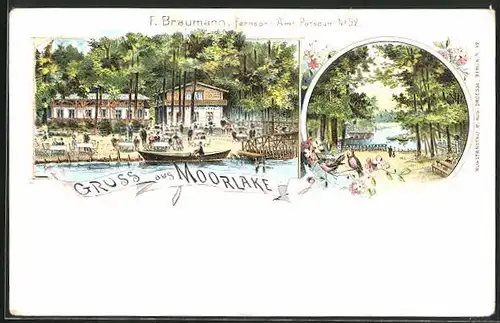 Lithographie Berlin-Wannsee, Gasthaus Moorlake, Ortspartie