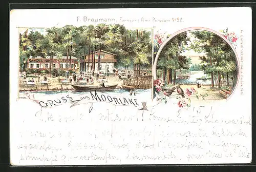 Lithographie Berlin-Wannsee, Gasthaus Moorlake, Ortspartie