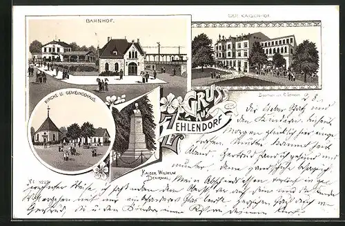 Vorläufer-Lithographie Berlin-Zehlendorf, 1894, Hotel Kaiserhof, Bahnhof, Kirche und Gemeindehaus