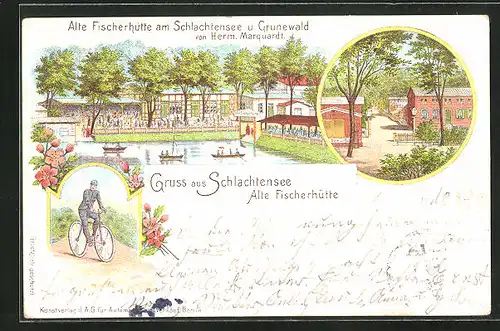 Lithographie Berlin-Zehlendorf, Gasthaus Alte Fischerhütte am Schlachtensee und Grunewald, Eingang, Radfahrer