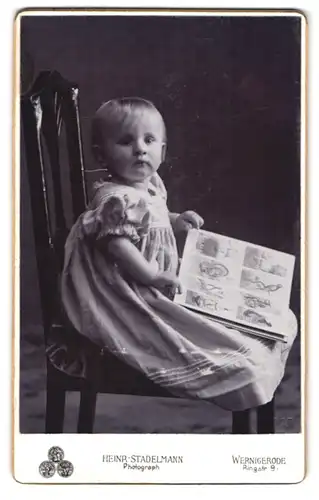 Fotografie Heinr. Stadelmann, Wernigerode, Ringstrasse 9, Portrait süsses Kleinkind im Kleid mit Bilderbuch