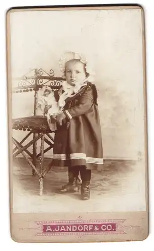 Fotografie A. Jandorf & Co., Berlin-SW, Belle-Alliance-Strasse 1 & 2, Portrait kleines Mädchen im Kleid mit Puppe