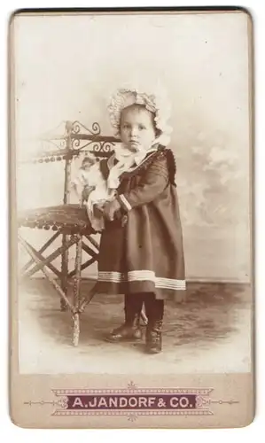 Fotografie A. Jandorf & Co., Berlin-SW, Belle-Alliance-Strasse 1 & 2, Portrait kleines Mädchen im Kleid mit Puppe
