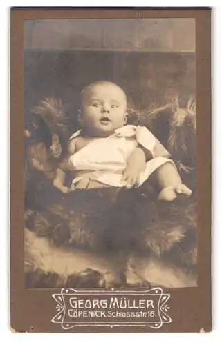 Fotografie Georg Müller, Cöpencik, Schlossstr. 16, Portrait Baby im weissen Leibchen auf einem Fell liegend