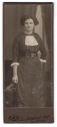 Fotografie Gustav Mühlfriedel Nachf., Wilkau i. S., Portrait Dame im Biedermeierkleid mit Latz und Locken