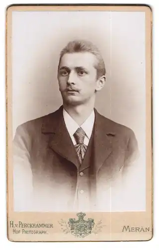Fotografie H. v. Perckhammer, Meran, Stefanie-Promenade, Portrait charmanter junger Mann mit Krawatte im Jackett