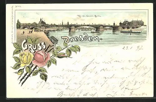 Lithographie Dresden, Königin-Carola-Brücke mit Dampfer