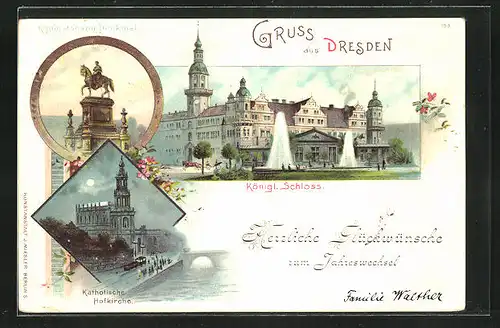 Lithographie Dresden, Königliches Schloss, König Johann Denkmal, Katholische Hofkirche bei Monschein, Neujahrsgruss