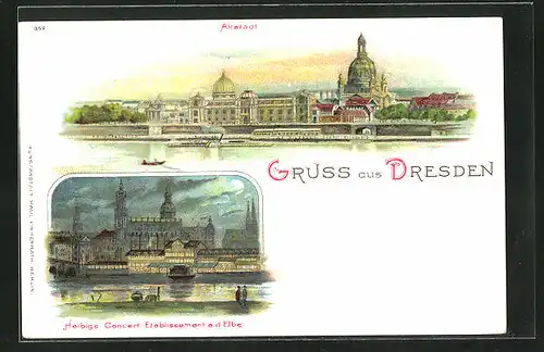 Lithographie Dresden, Altstadt, Helbigs Concert-Gasthaus a. d. Elbe bei Mondschein