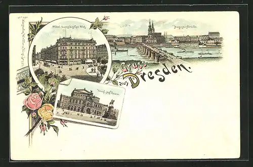 Lithographie Dresden, Hotel Europäischer Hof, Kgl. Hoftheater, Augustusbrücke