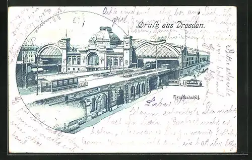 Lithographie Dresden, Hauptbahnhof mit Strassenbahn