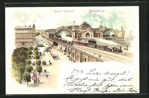 Lithographie Dresden, Hauptbahnhof mit ausfahrenden Zügen