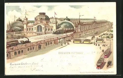 Lithographie Dresden, Hauptbahnhof mit Strassenbahnen