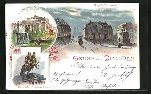 Lithographie Dresden-Neustadt, Hoftheater, Hauptwache, Denkmal Kurfürst August d. Starken