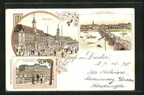 Lithographie Dresden-Neustadt, Hauptstrasse, Finanzministerium, Totalansicht