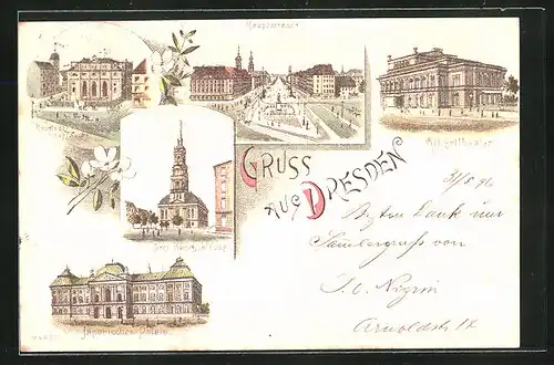 Lithographie Dresden-Neustadt, Haupstrasse, Alberttheater, Japanisches Palais