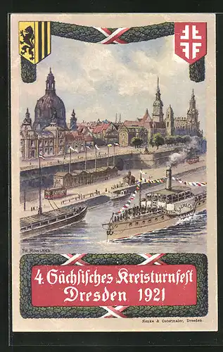 Künstler-AK Dresden, 4 Sächsisches Kreisturnfest 1921, Elbdampfer MS Sachsen