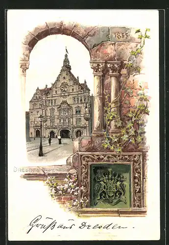 Passepartout-Lithographie Dresden, Georgenthor, Wappen