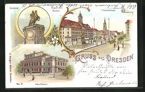 Lithographie Dresden-Neustadt, Denkmal August der Starke, Hauptstrasse, Alberttheater