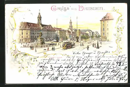 Lithographie Dresden-Neustadt, Hauptstrasse am Rathaus, Strassenbahn