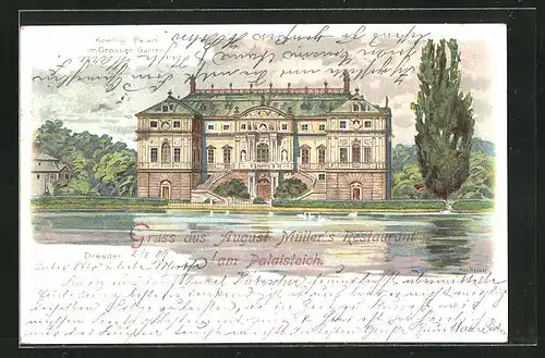 Lithographie Dresden, August Müller`s Restaurant am Palaisteich im Grossen Garten