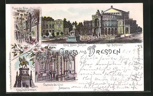 Lithographie Dresden, Kgl. Hoftheater mit König Johann-Denkmal, Foyer und Vestibül des Hoftheaters