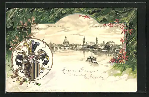 Passepartout-Lithographie Dresden, Blick zur Altstadt von der Marienbrücke gesehen, Wappen