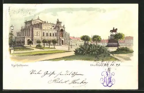 Lithographie Dresden, Königliches Hoftheater mit Denkmal