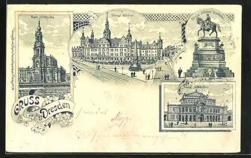 Lithographie Dresden, Katholische Hofkirche, Königliches Schloss, König Johann Denkmal