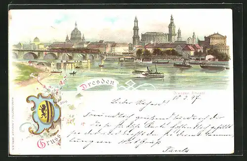 Künstler-AK Dresden, Altstadt mit Brücke und Booten