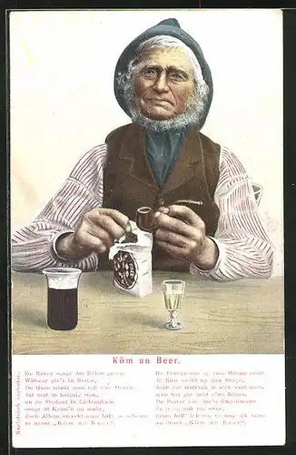 AK Hamburg, Köm un Beer, Pfeife rauchener alter Mann mit Packung Tabak