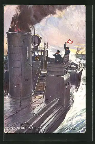 Künstler-AK sign. W. Malchin: Feind voraus! Torpedoboot auf hoher See