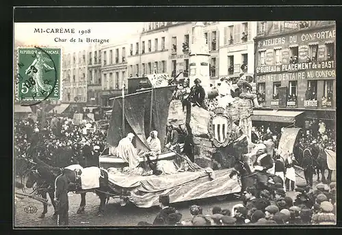 AK Paris, Mi-Carême 1908, Char de la Bretagne, Fasching
