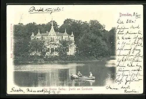 AK Dresden, Der Grosse Garten: Partie am Carolasee mit Boot