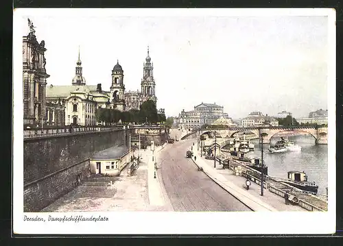 AK Dresden, Dampfschifflandeplatz mit Blick auf die Brühlsche Terrasse