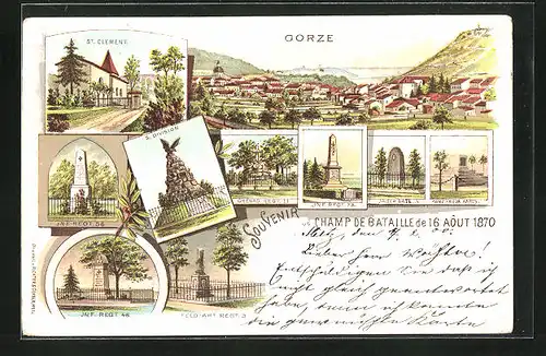 Lithographie Gorze, St. Clement, Denkmäler der Inf.-Rgt. 56, Inf-Rgt. 48, 5. Division, Grenad-Rgt. 11, Jäger Batl. 3