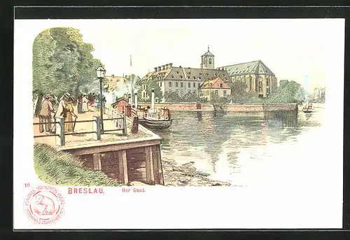 Lithographie Breslau, Partie am der Sand mit Blick zur Kirche