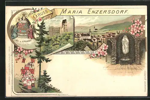 Lithographie Maria Enzersdorf, Lourdes-Brunnen, Schloss Lichtenstein, Heiligenfigur der Kranken