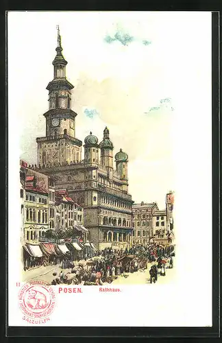 Lithographie Posen / Poznan, Rathaus mit Marktgeschehen