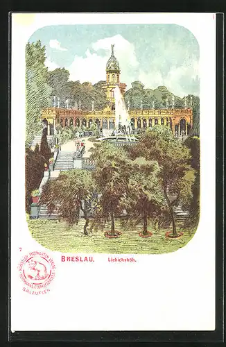 Lithographie Breslau, Liebichshöh mit Fontaine