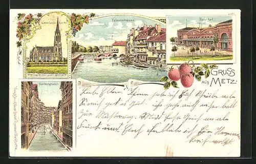 Lithographie Metz, Bahnhof, Felsenstrasse, Gerbergraben, Garnisons Kirche