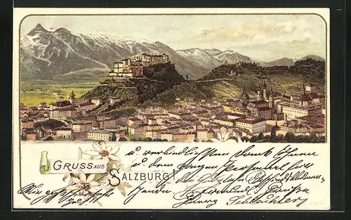 Lithographie Salzburg, Ortspartie mit Blick auf das Schloss